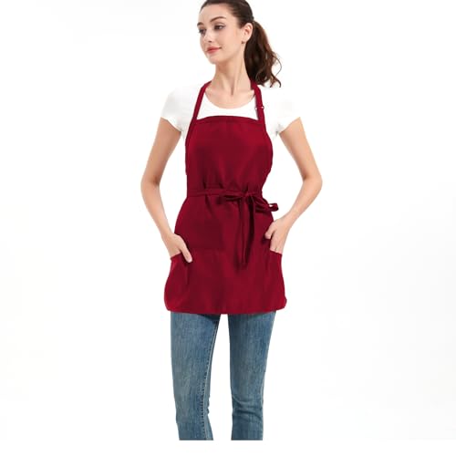 Aprons for Women with 3 Pockets, Cooking Apron with Waterproof Coating, Chef Apron Adjustable Neck Strap - color: Red, 2 Pack
