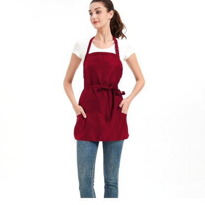 Aprons for Women with 3 Pockets, Cooking Apron with Waterproof Coating, Chef Apron Adjustable Neck Strap - color: Red, 2 Pack