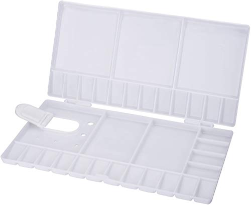 SUNIY Watercolor Palette Folding Paint Tray Plastic Painting Pallet with 33 Compartments, Thumbhole and Brush Holders, White