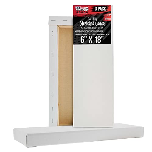 U.S. Art Supply Long Stretched Canvas for Painting 6x18 inch Gallery Depth 1-1/2" Thick, 3-Pack - 12oz Acrylic Gesso Triple Primed, Professional Artist Quality, 100% Cotton - Pouring, Oil Paint - size: 6" x 18"