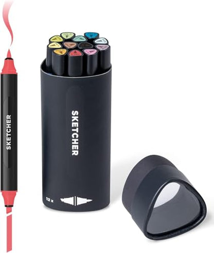 Sketcher Twin Tip Molotow Marker Set 12 Pack - Aqua Pro Ink Dual Nib 2-5mm Ink Pen Art Drawing Bundle (Main 2) - style: Main Kit 2