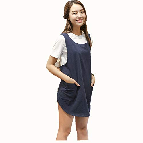 Shortened Design Apron, Japanese Style Soft Cotton Linen Apron with Two Side Pockets, X Cross Halter Aprons, Kitchen Cooking Clothes Gift for Women DIY Project, Crafting, Cooking, Baking(Navy Blue) - color: Navy Blue, style: 1# Style-rounded Edge