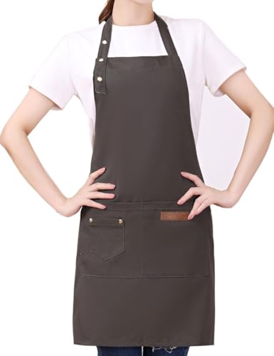 Kitchen Cooking Apron for Women Men with Big Pockets Canvas Waterproof Aprons for Server Pottery Artist Chef Apron - color: Grayish Green