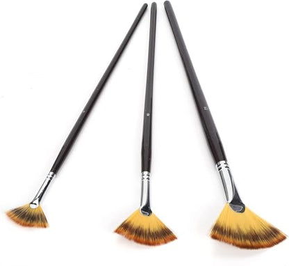 3pcs Fan Shape Painting Brushes,Soft Anti-Shedding Artist Long Hands Painting Brushes Nylon Hair Watercolor Paint Brush Set with Wooden Handle