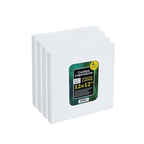 Creative Inspirations Stretched Canvas 4 Pack - 1-1/2" Deep, 12x12, 11oz Sealed & Double-Primed Cotton Canvases, Pine Stretcher Frame, Archival All-Media Primer - Alkyd, Acrylic & Oil Painting - size: 12x12"