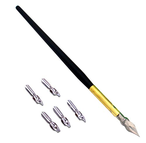 Wooden Calligraphy Dip Pen, Wood English Calligraphy Pen Copperplate Script Oblique Dip Pen Holder with 5 Different Nibs, Black - color: Black + 5Nib