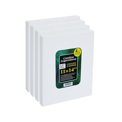 Creative Inspirations Stretched Canvas 4 Pack - 1-1/2" Deep, 11x14", 11oz Sealed & Double-Primed Cotton Canvases, Pine Stretcher Frame, Archival All-Media Primer - Alkyd, Acrylic & Oil Painting - size: 11x14"