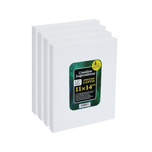 Creative Inspirations Stretched Canvas 4 Pack - 1-1/2" Deep, 11x14", 11oz Sealed & Double-Primed Cotton Canvases, Pine Stretcher Frame, Archival All-Media Primer - Alkyd, Acrylic & Oil Painting - size: 11x14"