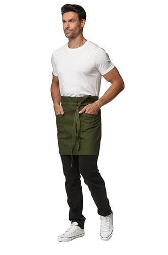 Unisex Waist Apron with Pockets Waiter Bar Half Bistro Apron 4251BY - color: Army Green, size: 3 Pack