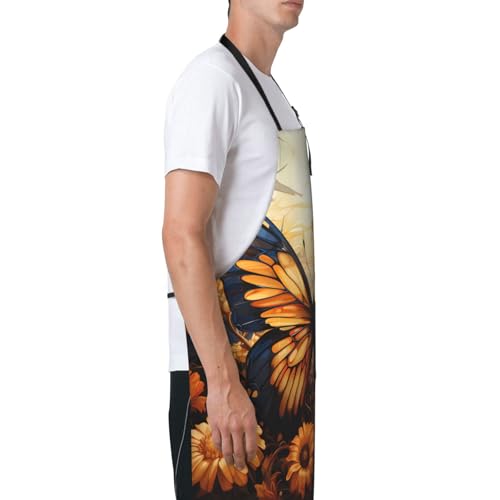 Prancing Brown Horse Heavy Duty Waterproof Apron with Pockets for AdultsResistant Grilling, Gardening, Painting - color: Orange Yellow Butterfly Field Flowers