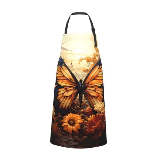 Prancing Brown Horse Heavy Duty Waterproof Apron with Pockets for AdultsResistant Grilling, Gardening, Painting - color: Orange Yellow Butterfly Field Flowers