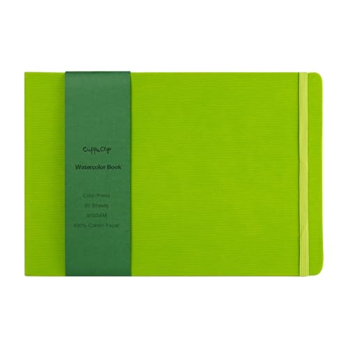 CuppaClip Watercolor Paper Cotton Cold Press with Inner Pocket Watercolor Sketchbook Journal As Travel Notebook 300 GSM 140 LB (Green-Cold Press, 11.81x8.26in) - color: Green-Cold Press, size: 11.81x8.26in