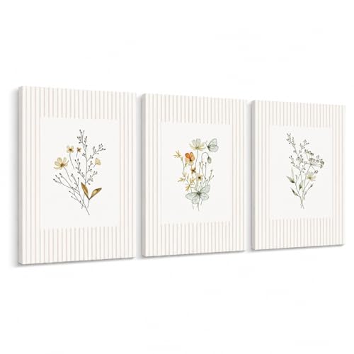 MTFBWY Neutral Botanical Flower Wall Art Painting Set of 3, Framed Beige Minimalist Striped Floral Prints, Scandinavian Boho Plant Pictures for Living Room Bedroom Bathroom Home Decoration 16x24in - color: Wildflower Nursery, size: 16x24 Canvas