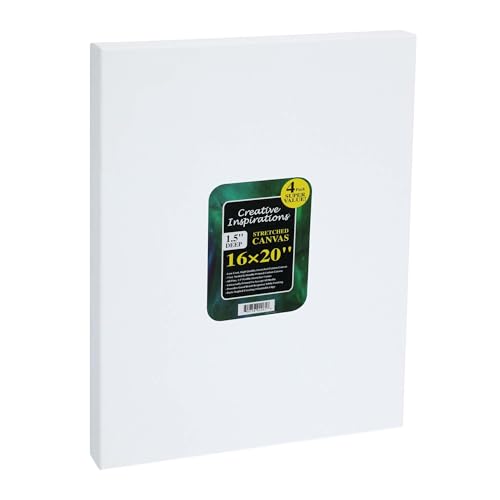 Creative Inspirations Stretched Canvas 4 Pack - 1-1/2" Deep, 16x20, 11oz Sealed & Double-Primed Cotton Canvases, Pine Stretcher Frame, Archival All-Media Primer - Alkyd, Acrylic & Oil Painting - size: 16x20"
