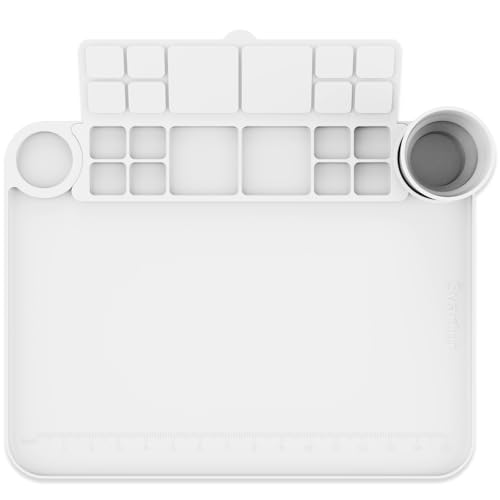 Svartur Silicone Painting Mat with Cup and Palette Removable, 17"X13" Thick Silicone Art Mat for Craft with Raised Edge for Resin DIY Making, White - color: White