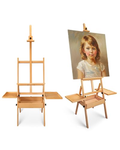 Foldable & Adjustable Art Easel with Storage Drawer Trays, Beech Wooden Easel Stand for Painting,H Frame Artist Easel for Painting Easel for Adults,Wood Easel Stand for Artist Students Studio - style: Upgraded Easel
