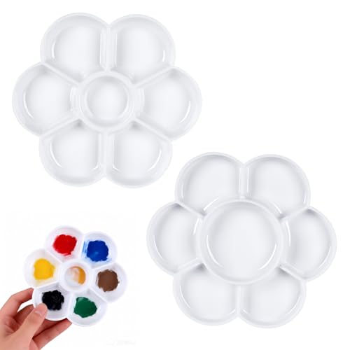 2 Pcs Imitation Ceramic Watercolor Palette, 6.8 Inch Round Painting Tray with 7 Wells, Large Artist Mixing Tray for Watercolor, Gouache, Oil Painting & Art Supplies