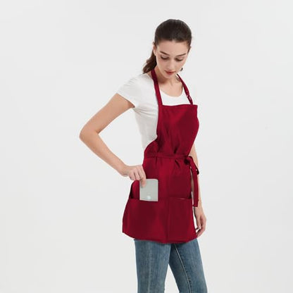 Aprons for Women with 3 Pockets, Cooking Apron with Waterproof Coating, Chef Apron Adjustable Neck Strap - color: Red
