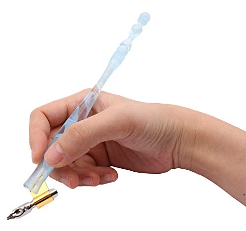 Xiaoyu Calligraphy Oblique Nib Pen Holder, English Calligraphy Pen Nib Holder, Resin Dip Pen Handle Nib Holder with 5 Flat Nibs, Light Blue - color: Light Blue