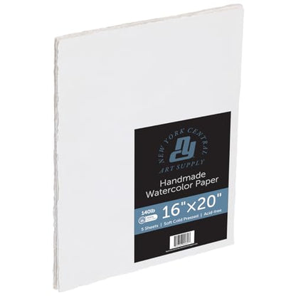New York Central Handmade Watercolor Paper - 140lb, 16"X20" - 5 Packs of 5, 25 Total Sheets, Acid-Free 100% Cotton Rag, Cold Press, 4 Deckled Edges, Minimally Sized, Mixed Media Paper - size: 16x20"
