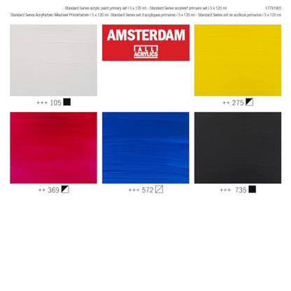 Amsterdam Standard Series acrylic paint primary set | 5 x 120 ml (17791905) | Acrylic Paint with Non-Fading Pigment, Quick Drying Time, Uniform Finish, Water-Based Formula