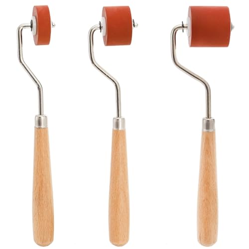Pumtus 3 Sizes Rubber Brayer Roller, Small Printmaking Stamping Brayer, Vinyl Painting Roller with Wooden Handle, Tape Ink Roller Tool, Art Craft Brush for Gluing Wallpaper Scrapbook(0.4"+0.8"+1.18")