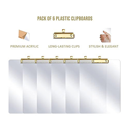 PERFORMORE 6 Pack of Plastic Clipboards, 12” x 9” Clear Acrylic Clipboards with Gold Clip, Durable Stylish Clipboard with Low Profile Clip, Perfect for Home School Classroom Office Events Seminars - style: 6 Pack GOLD