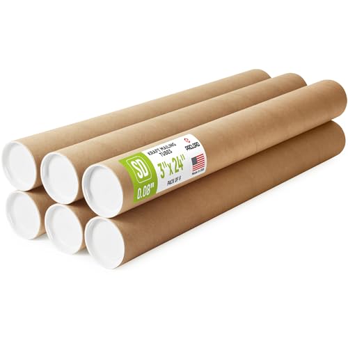 3" x 24" Reinforced Kraft Paper Mailing Tubes, Pack of 6 Tubes with 2 Caps Each – USPS Approved Poster Tube – Made in USA Cardboard Tube for Shipping and Storing Posters, Prints, Artwork, or Documents - color: Standard-Duty, size: 3" x 24"