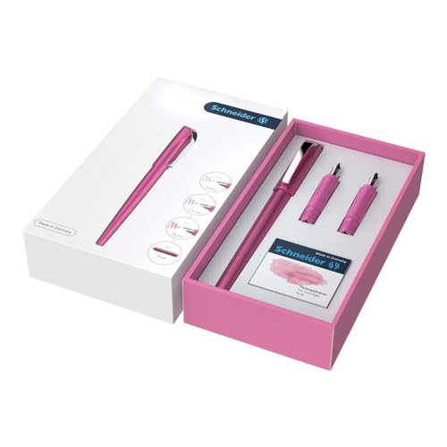 Schneider Callissima Calligraphy Fountain Pen Gift Set: Metallic Pink, 1.1 mm, 1.5 mm, 1.8 mm Interchangeable Tips + Pack of 6 Rose Ink Cartridges (143809)