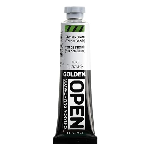 GOLDEN OPEN Slow-Drying Acrylics, Phthalo Green/Y.S., 2 fl oz. tube, Professional Acrylic Paint, Transparent - color: Phthalo Green /Y.S., size: 2 Fl Oz (Pack of 1)