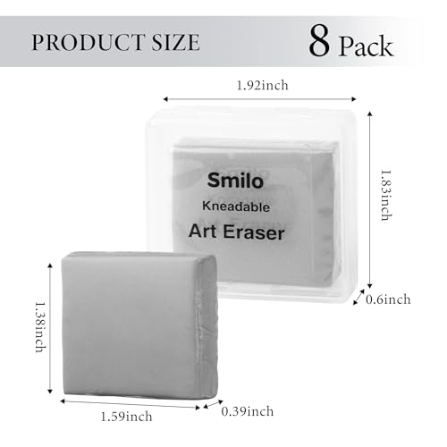 Smilo 8-Pack Gray Kneaded Erasers | Moldable & Dust-Free Putty Eraser | No Smudge Art Eraser with Case for Drawing - color: Gray