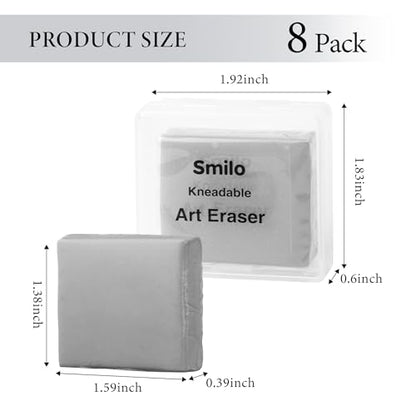 Smilo 8-Pack Gray Kneaded Erasers | Moldable & Dust-Free Putty Eraser | No Smudge Art Eraser with Case for Drawing - color: Gray