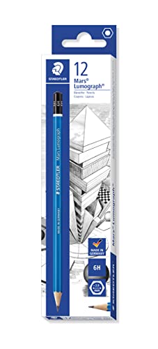 STAEDTLER Mars Lumograph 6H Graphite Art Drawing Pencil, Medium Hard, Break-Resistant Bonded Lead, 12 Pack, 100-6H, blue (100-6H VE) - style: 6H