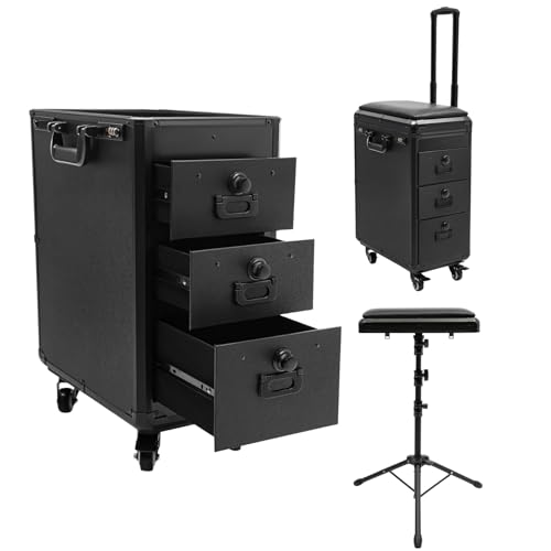 Tattoo Travel Case on Wheels, Rolling Makeup Case, 3-Drawer Tattoo Station with Adjustable Tattoo Armrest Stand, Tattoo Suitcase & Mobile Cosmetology Station, 44 lbs Capacity (Acrylic Plate) - style: Acrylic Plate