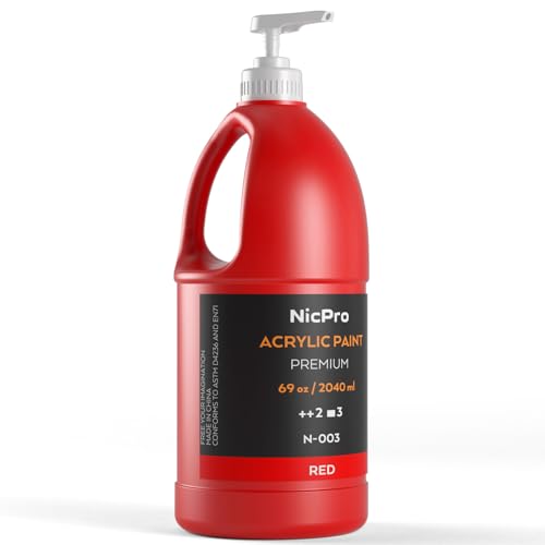 Nicpro Red Large Acrylic Paint Set (69 oz, 2040 ml) Rich Art Painting Supplies Non Toxic for Multi Surface, Canvas, Wood, Leather, Fabric Stone Craft, for Adult Beginners & Artists with Pump - color: Red, size: 69 Fl Oz (Pack of 1)
