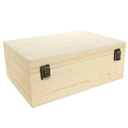 DAJAVE Unfinished Wooden Box, 12x9x5 Inch Large Wooden Box with Hinged Lid and Front Clasp, Pine Wood Box DIY Craft Stash Boxes for Arts Hobbies and Home Storage