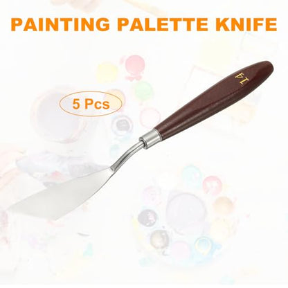 HARFINGTON 5pcs Palette Knife Painting Tool 2.76 x 0.91 Stainless Steel Art Spatula Pallet Knives Scrapers Tools with Beech Wood Handle for Acrylic Oil Canvas Mixing Spreading, Red/Silver