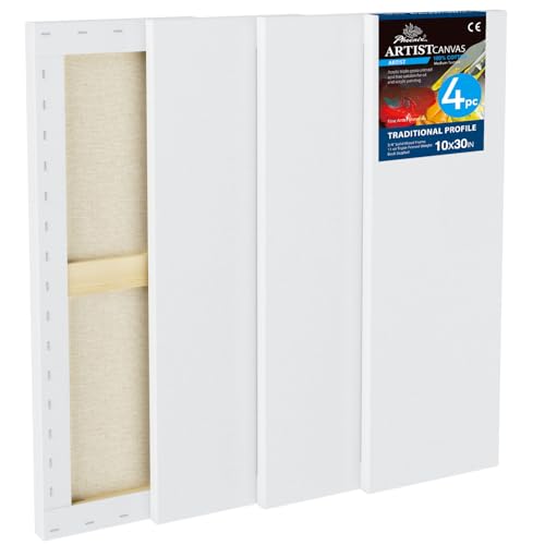 PHOENIX 10x30 Inch 4 Pack Artist Canvas - Large Long Stretched Canvases for Painting - 3/4 Inch Profile, 100% Cotton 11 Oz. Gesso Primed White Blank Professional Canvas Oil & Acrylic Paints - size: 10"x30"/ 4 PACK, style: Traditional