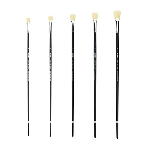 XDT#656 Fishtail Fan Artist Paint Brush 5 Piece Set Medium Stiff Hog Bristle Extra Long Handle #0#2#4#6#8, Acrylic Oil Watercolor - size: Hog Bristle 5Pc