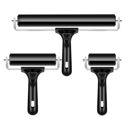 Professional Rubber Brayer Set, 3 Piece Ink Roller Kit with2.36, 3.94, 7.87 Inch Widths, Black Handle, Printmaking and Art Tools