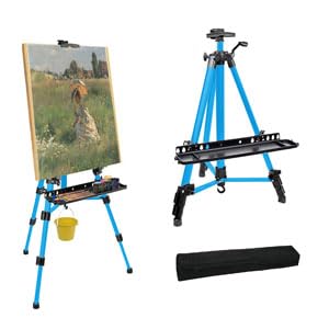 Easel for Painting, Portable & Foldable Easels Stand, Height-Adjustable 22'' to 62'', Equipped with Tray, Water Bucket Hook, Spirit Level, Compass & Carrying Bag for Art Display,Travel - Blue - style: Blue