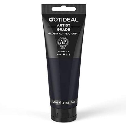 GOTIDEAL Acrylic Paint Mars Black Tubes(120ml, 4.1 oz) Non Toxic Non Fading,Rich Pigments for Painters, Adults & Kids, Ideal for Canvas Wood Clay Fabric Ceramic Craft Supplies (Mars Black)-Glossy - color: Mars Black, style: Regular