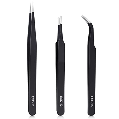 kaverme 3PCS Precision Tweezers Set, Upgraded Anti-Static Stainless Steel of Tweezers, for Electronics, Soldering, Laboratory Work, Jewelry-Making, Model, Craft - style: 3pcs