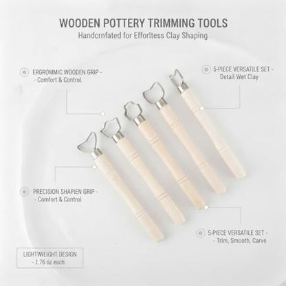 Wooden Pottery Trimming Tools, 5-Piece Sculpting Set for Clay Shaping and Detailing, Handheld Carving Kit for Wheel Throwing and Hand Building (Set of 5) - color: Brown