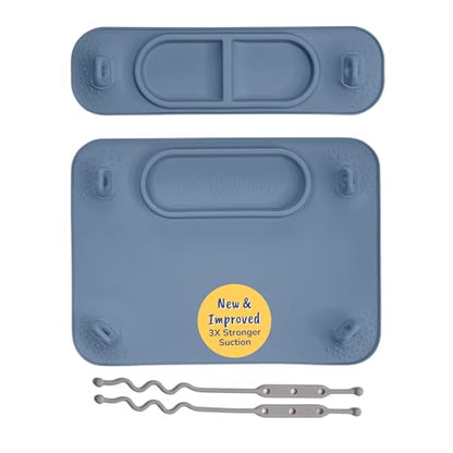 BUSY BABY Silicone Mat Bundle - 1 Original Mat Plus 1 Mini Mat, NEW Stronger Suction Cups, 6 Straps to Secure Baby Essentials and Keep Them Off the Floor, Baby Led Weaning, Wet Bag Included (Pewter) - color: Pewter Bundle