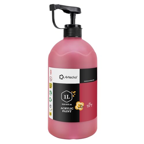 Artecho Scarlet Red Acrylic Paint 1000ml / 33.8 fl oz Pump Dispenser | Large Bottle, Semi Glossy Finish, High Pigment Rich Color Craft Paint for Canvas, Rocks, Wood, Ceramic, Easy dispensing - color: Scarlet Red, size: 33.8 Fl Oz (Pack of 1)
