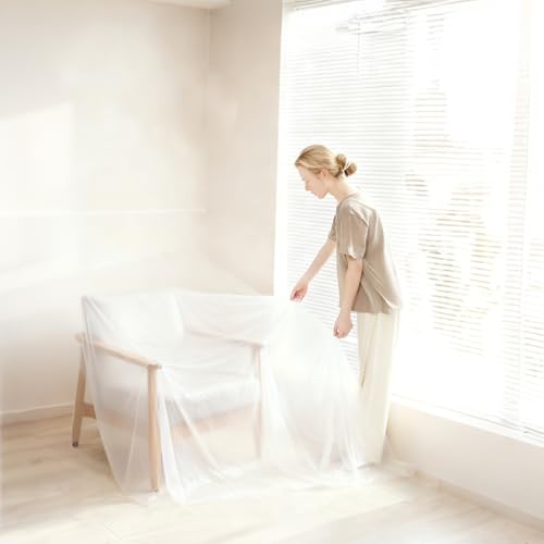 4 Rolls 8.9 x 65.6 Feet Pre-Taped Masking Film, Tape and Drape Drop Cloth, Plastic Sheeting Drop Cloth for Painting, Automotive Covering and Appliance Protection (8.9 x 65.6 Feet)