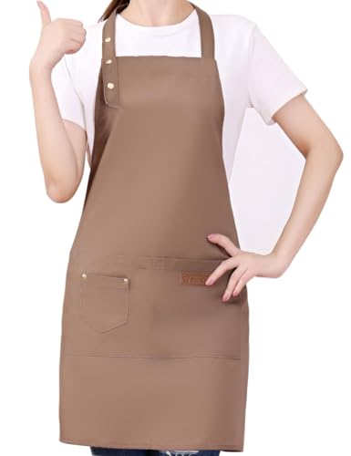 Kitchen Cooking Apron for Women Men with Big Pockets Canvas Waterproof Aprons for Server Pottery Artist Chef Apron - color: Brown