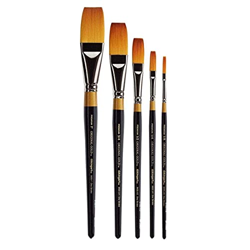KINGART Premium 5 pc. Original Gold 9100 Series ONE Stroke Artist Brush Set, Synthetic Golden Taklon Hair for Acrylic, Oil, and Gouache Paint, Short Handle, 5 Sizes: 1/8", 1/4", 1/2", 3/4", 1" - size: Set of 5 - (1/8", 1/4", 1/2", 3/4", 1")