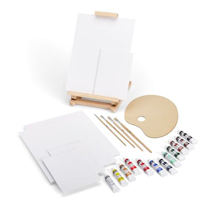 KINGART 21-Piece Artist Acrylic Painting Set with H-Frame Wooden Easel, 12 Vivid Acrylic Paint Colors, 6 Canvas Panels, 4 Brushes, Wood Palette - School, Students, Adults, Gift Giving